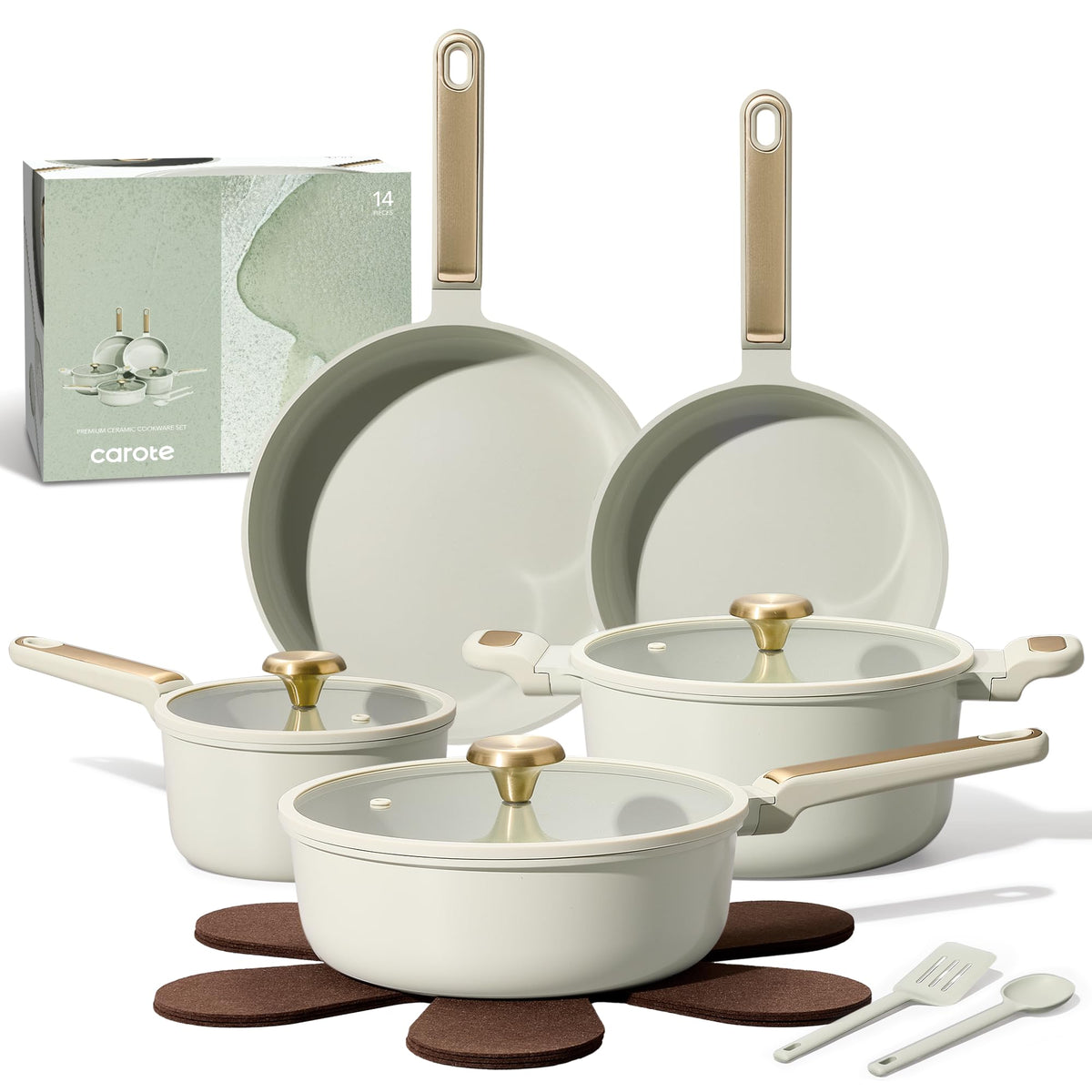 CAROTE sage green ceramic cookware set assembled for versatile home cooking