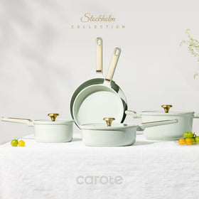 CAROTE sage green ladle and spatula with protectors for easy cooking prep
