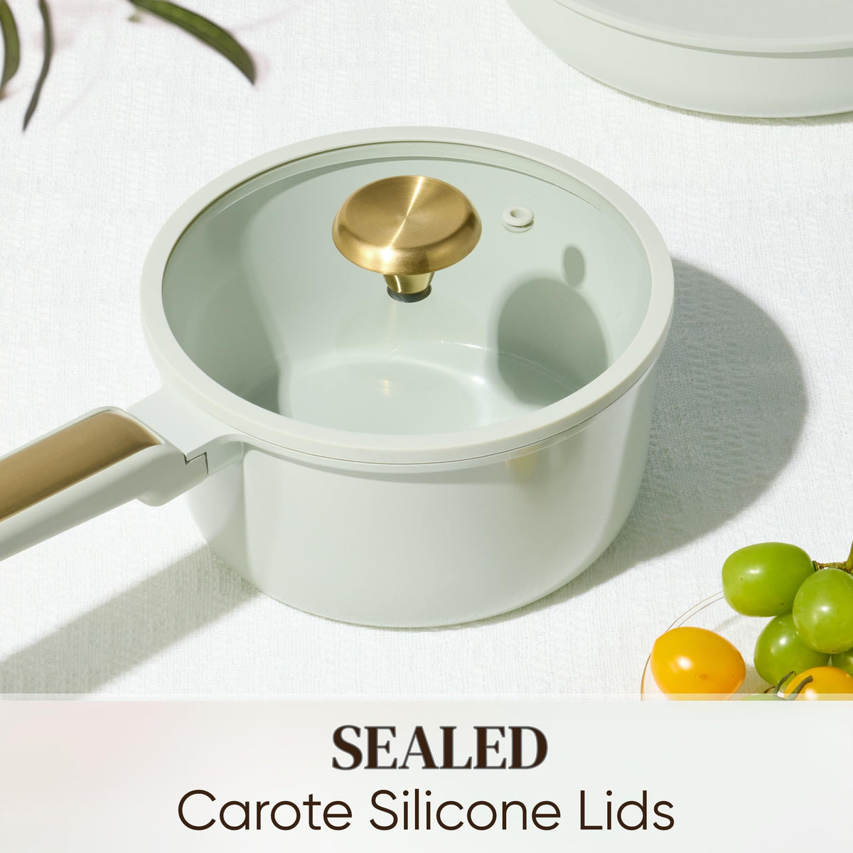 CAROTE sage green three-point-five-quart sauté pan with lid for sautéing vegetables