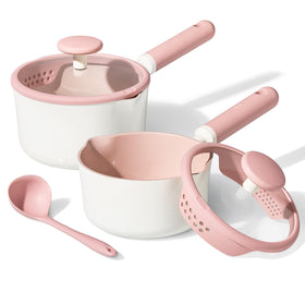 CAROTE saucepans 2.5qt and 3.0qt with lid and ladle, ready for everyday cooking.