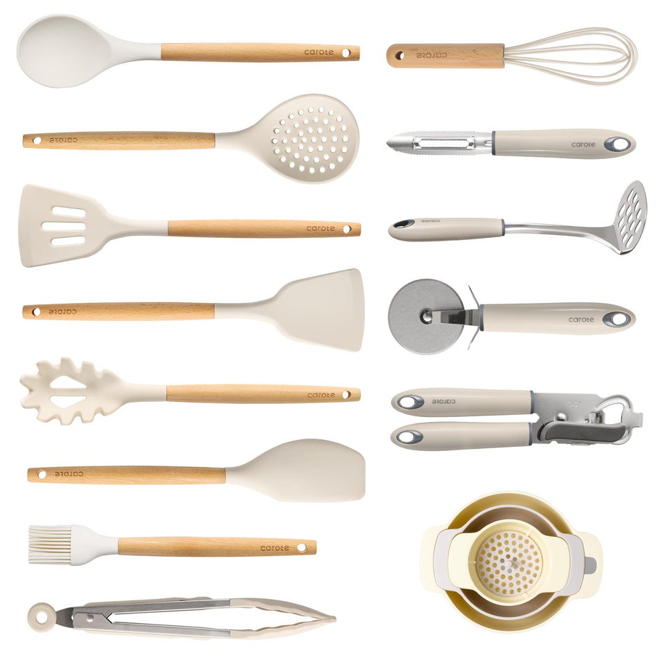 CAROTE silicone cooking utensils set with cream white packaging protects nonstick pans