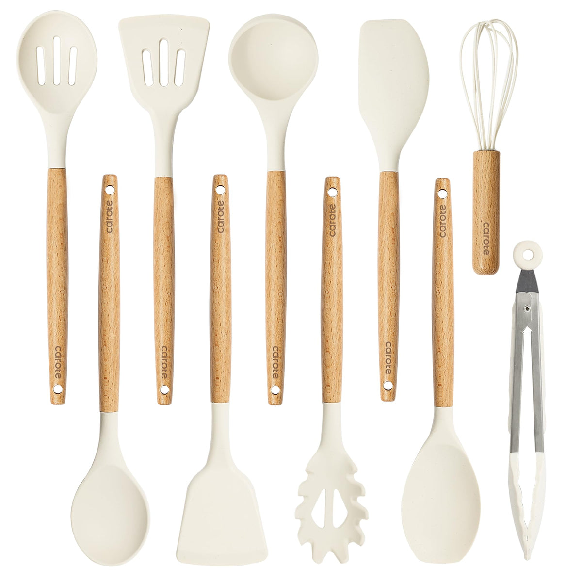 CAROTE silicone utensils set with wood handles for safe high-heat cooking.