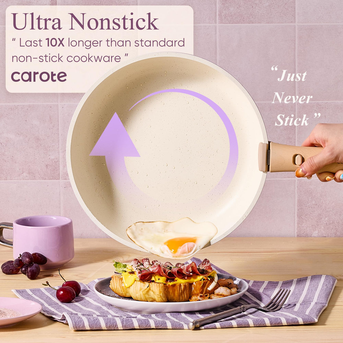 CAROTE space-saving pots and pans stacked demonstrates up to 70% more storage with handles off.