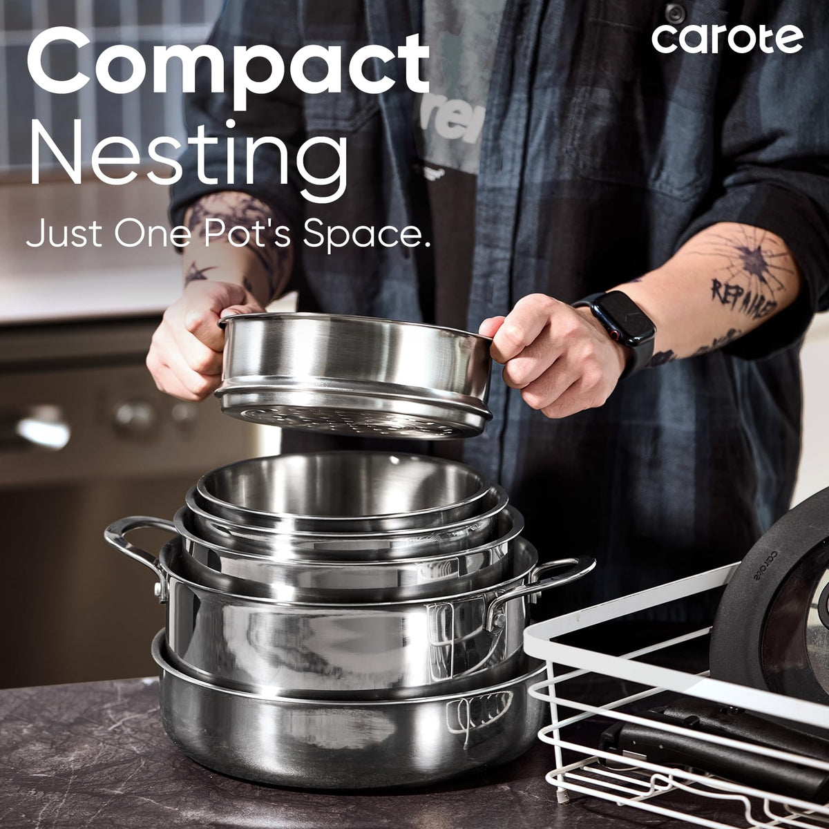 CAROTE space-saving-storage shows easy stacking with handles removed.