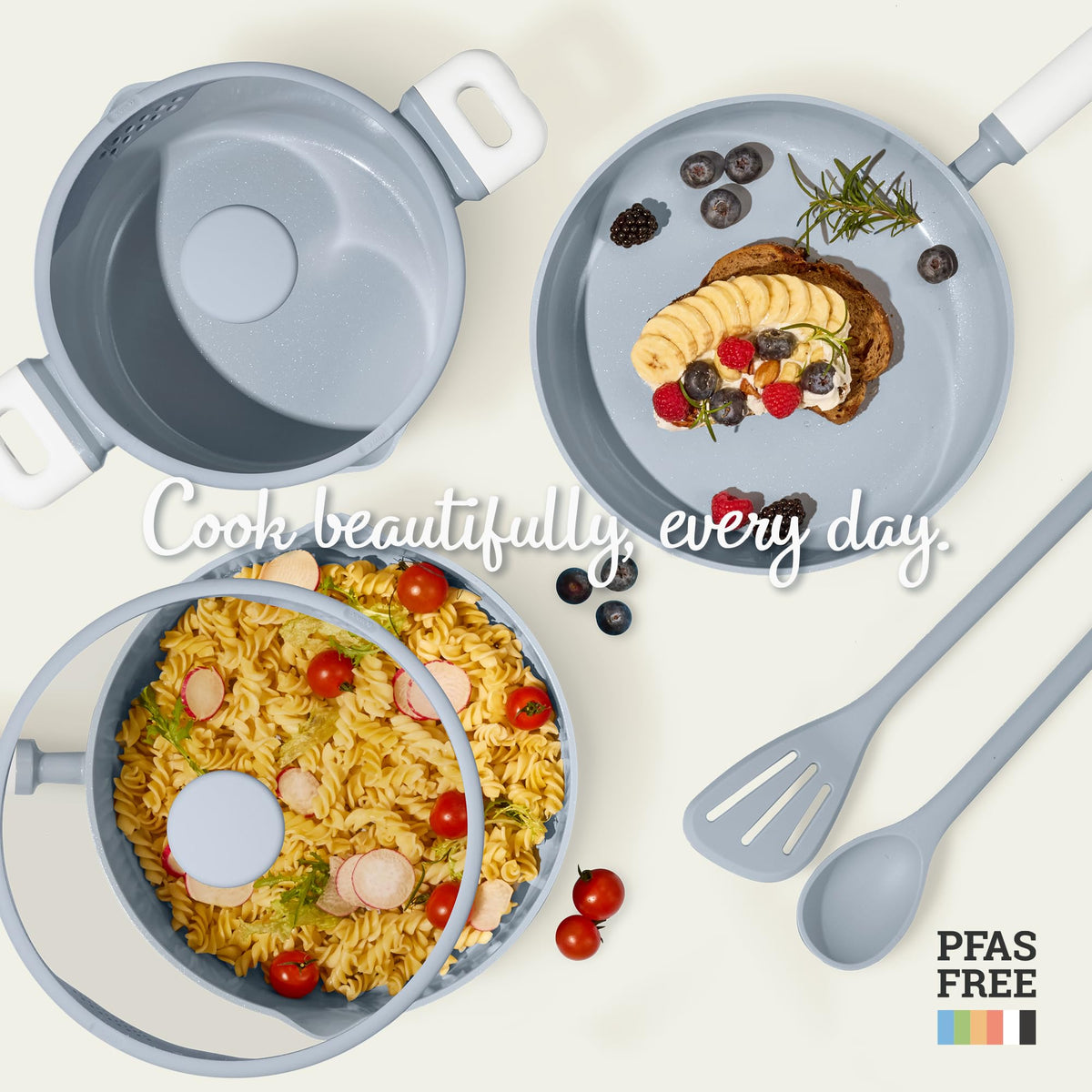 CAROTE spouted glass lids enable safe draining and precise pouring.