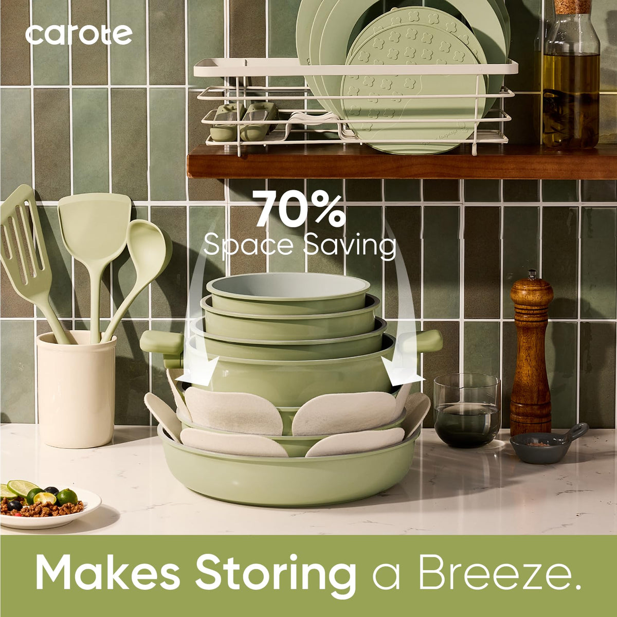 CAROTE stackable design with lids demonstrates compact storage and organized kitchen
