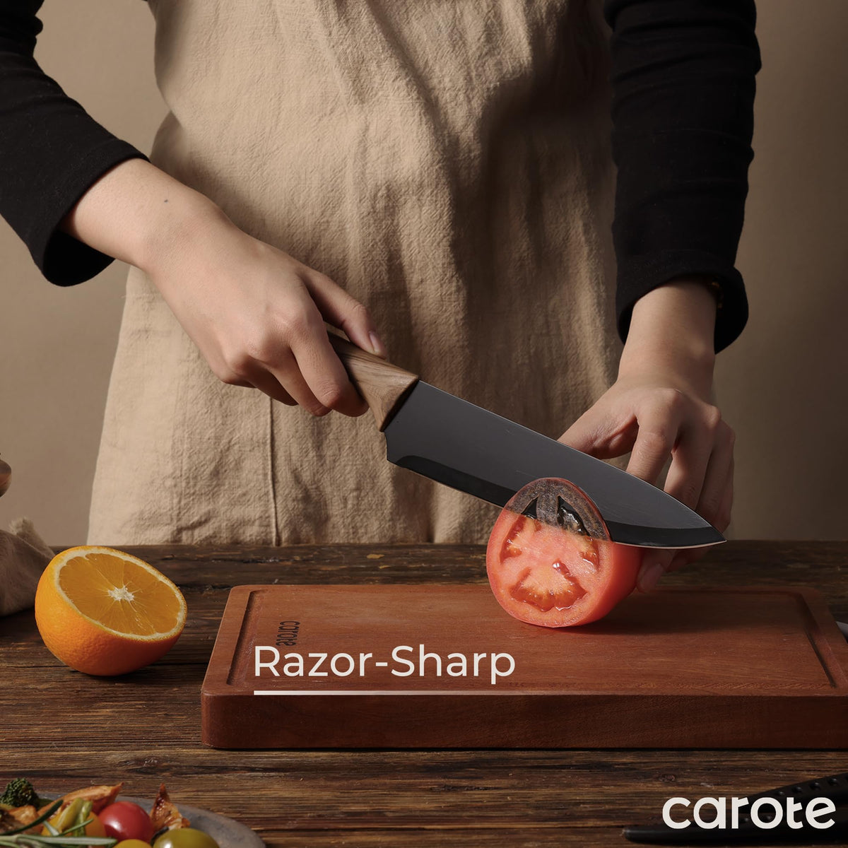 Close-up shows stainless steel blades with nonstick coating for smooth, efficient slicing.