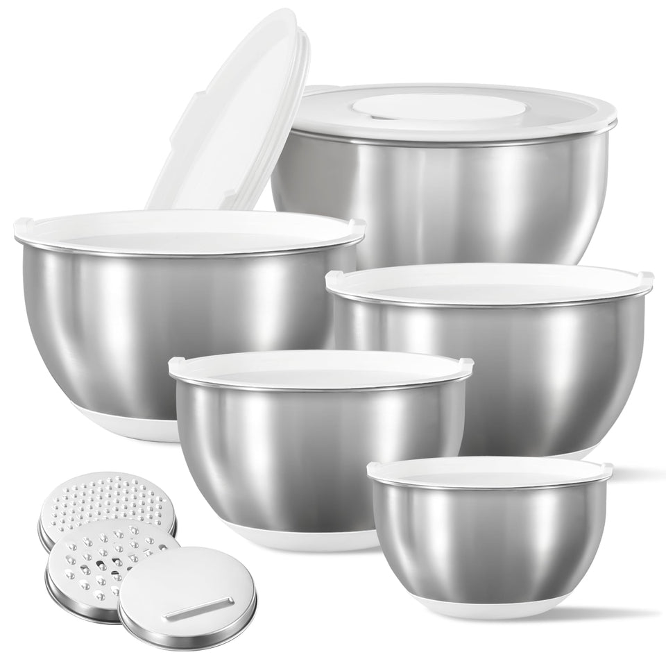 CAROTE stainless steel mixing bowls set with nesting design for space-saving storage.
