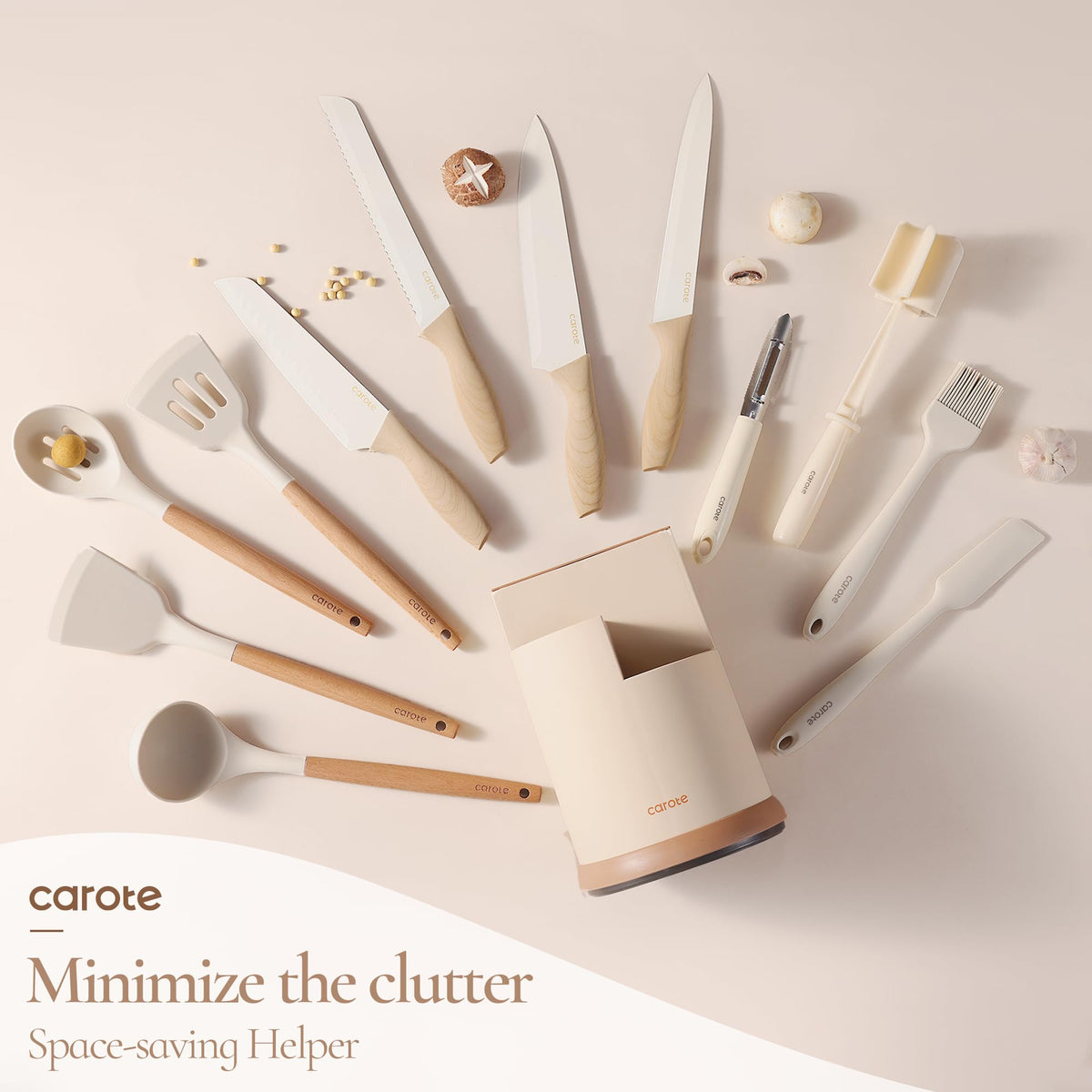 CAROTE 360 rotating knife block design saves counter space and sorts tools.