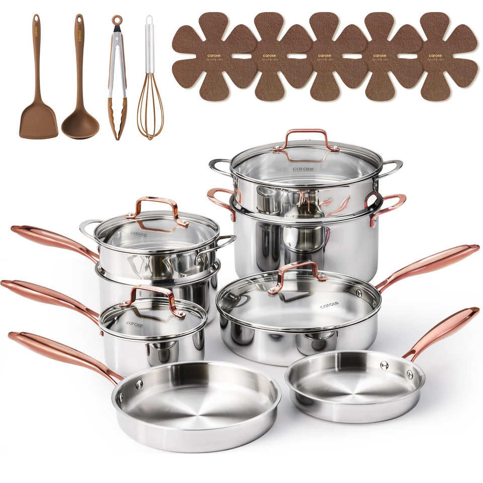 CAROTE tri-ply cookware set gold finish with even heat across pans.