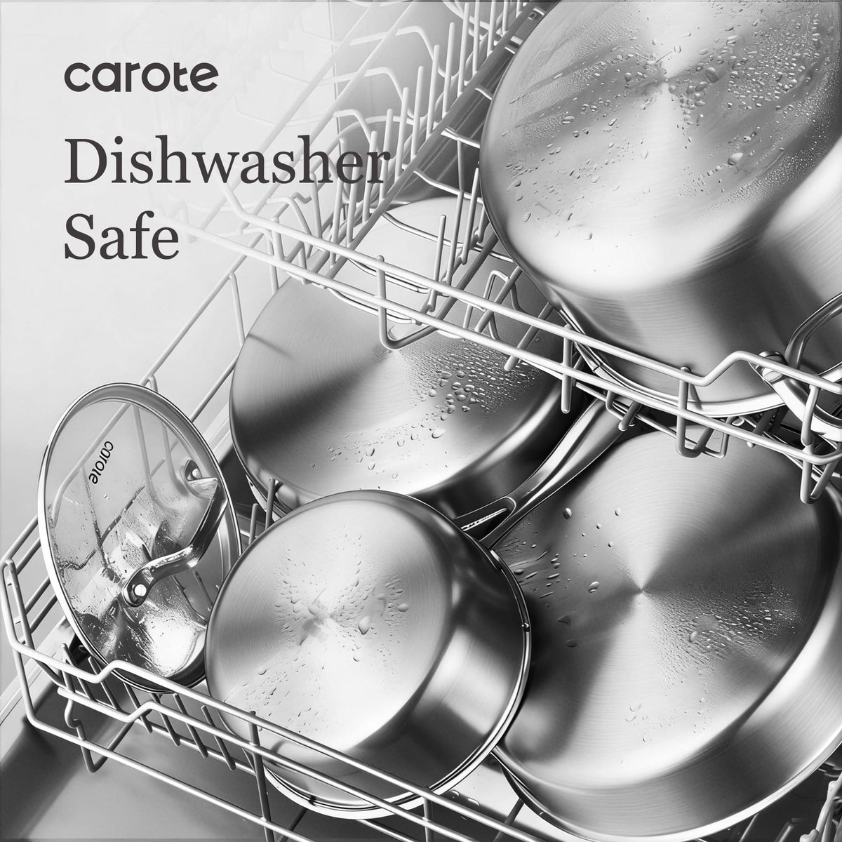 CAROTE skillet-set layout displays a complete tri-ply collection for kitchen versatility.