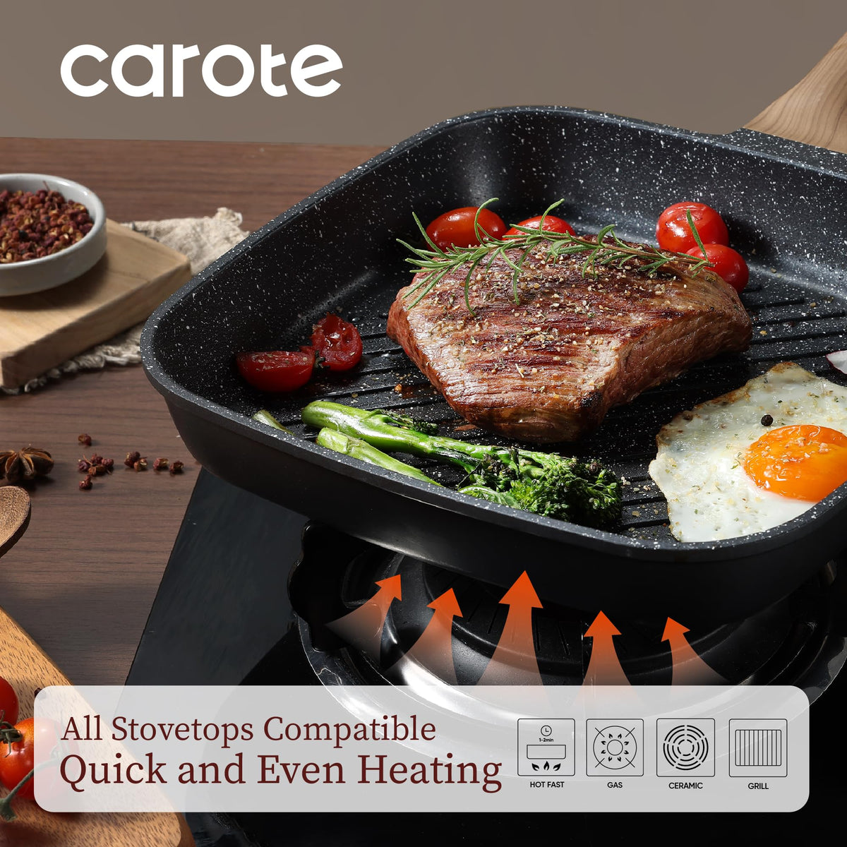 CAROTE wood-grain handle design stays cool during high-heat cooking
