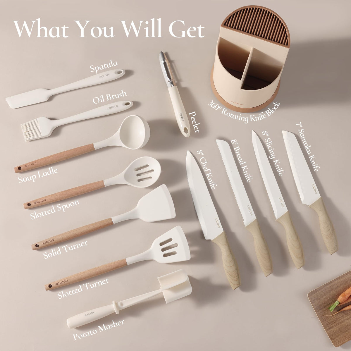 CAROTE wood-grain handles provide secure, non-slip grip even with wet hands.