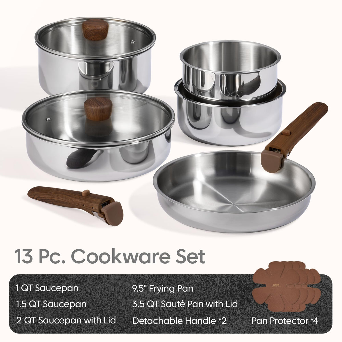 CAROTE woodgrain-style cookware with elegant, cabinet-ready appeal.
