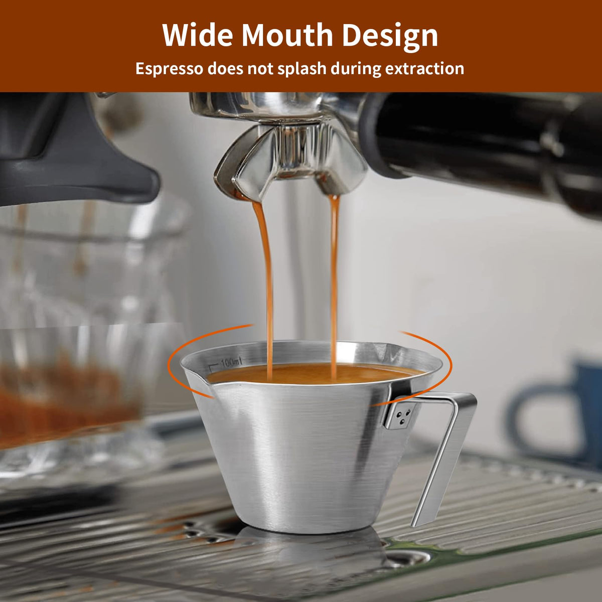 Carrottimes stainless steel cup holds 3.4 oz for espresso shots.
