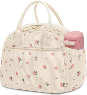 Carry bloom corduroy lunch bag front pocket for utensils and easy access