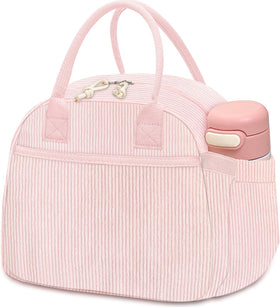 Carry Bloom corduroy lunch bag front pocket keeps utensils organized for daily meals.