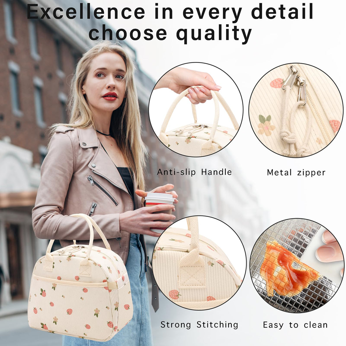 Carry bloom large-capacity lunch bag fits containers, sandwiches, and fruit