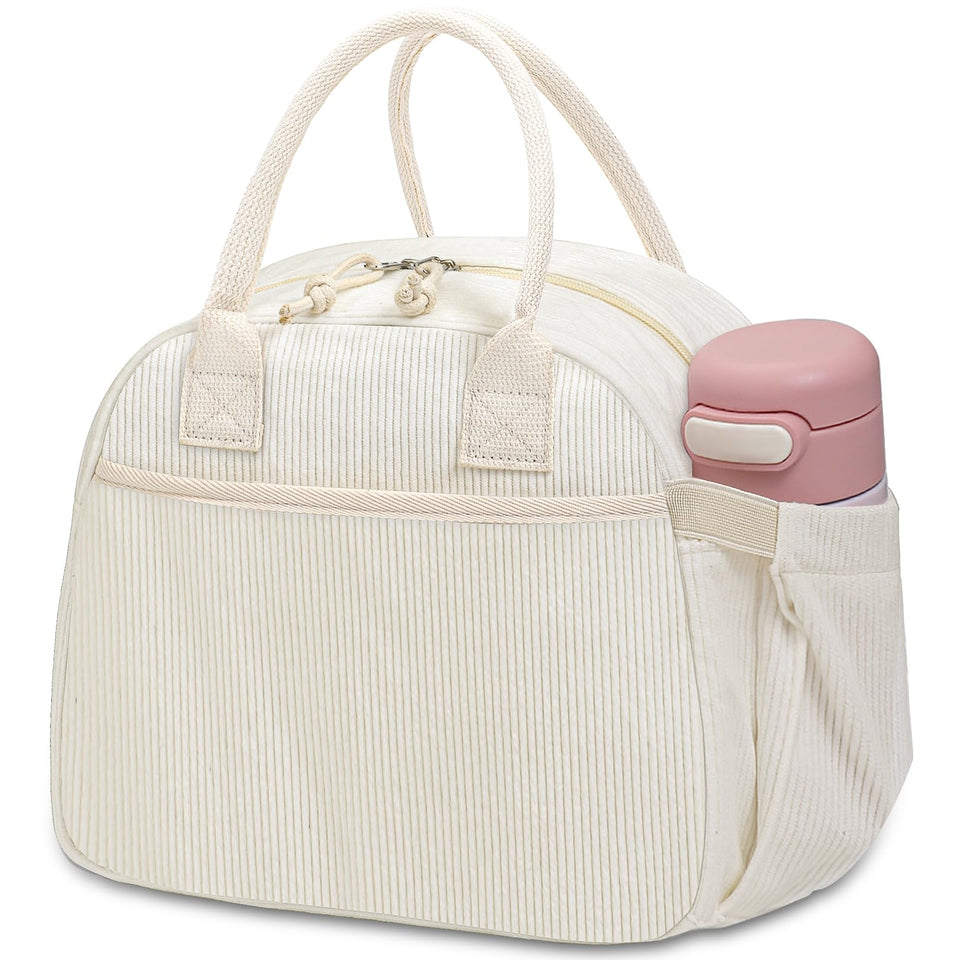 Carry bloom lunch box with beige corduroy front pocket keeps cutlery handy at work