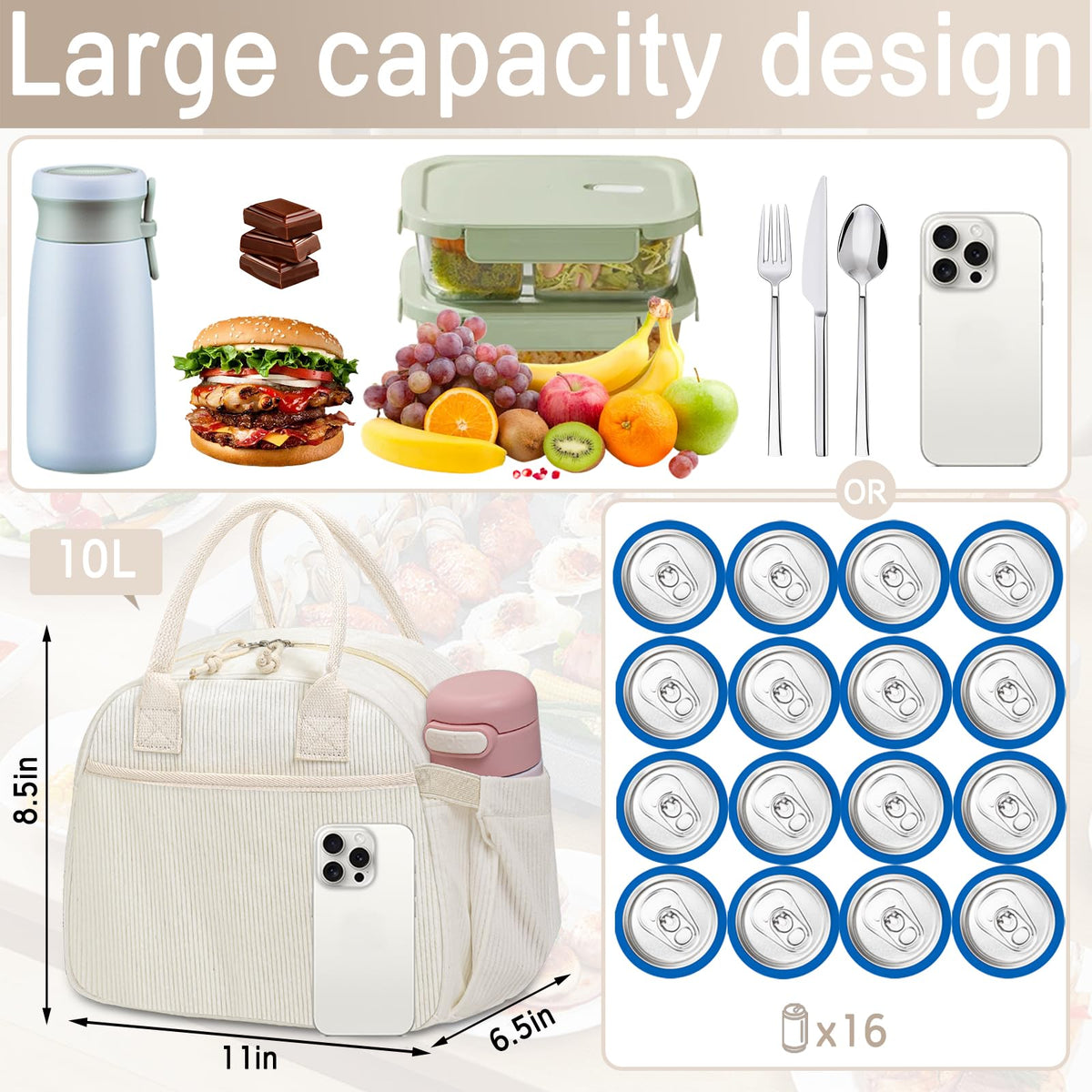 Carry bloom lunch box beige corduroy side pocket stores a bottle for on-the-go