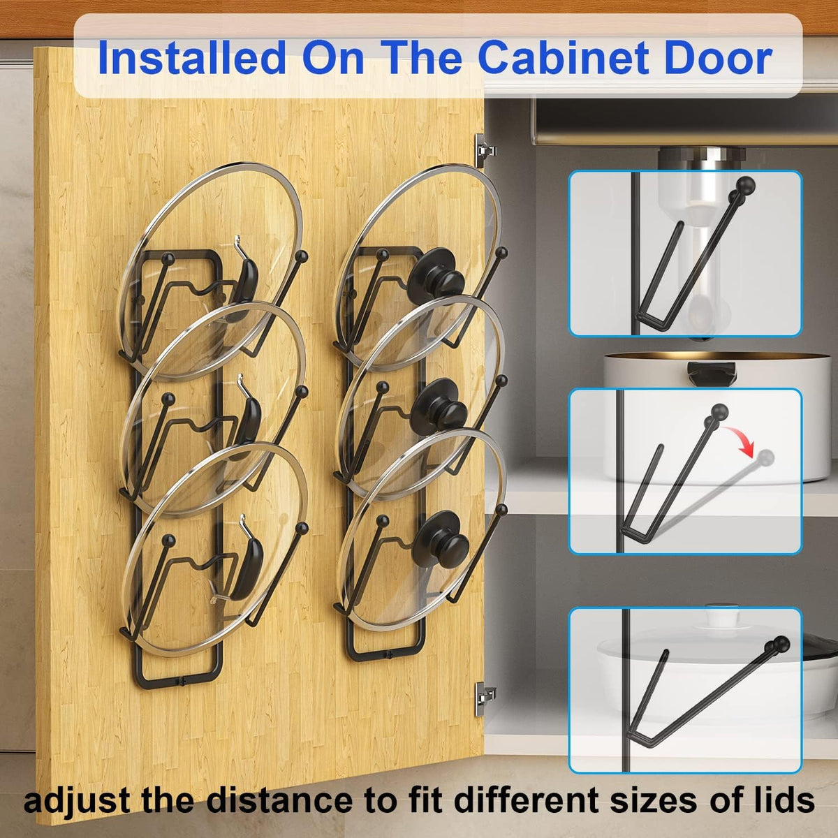 Carry360 cabinet-door lid storage fits many lids without scratching