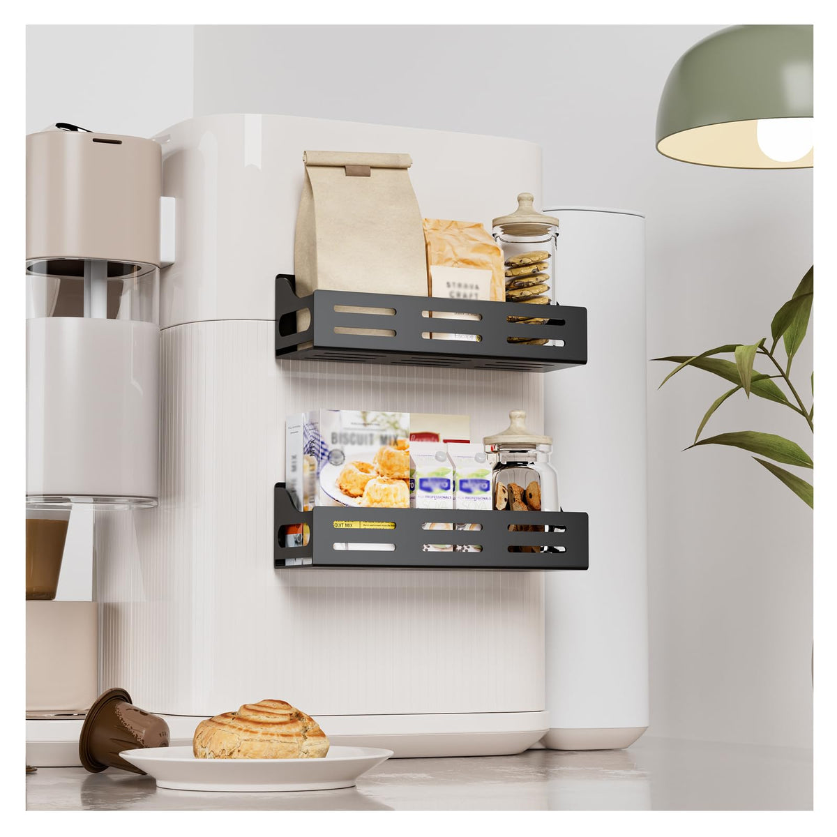 Carwiner magnetic paper towel holder beside the fridge adds convenient roll storage.