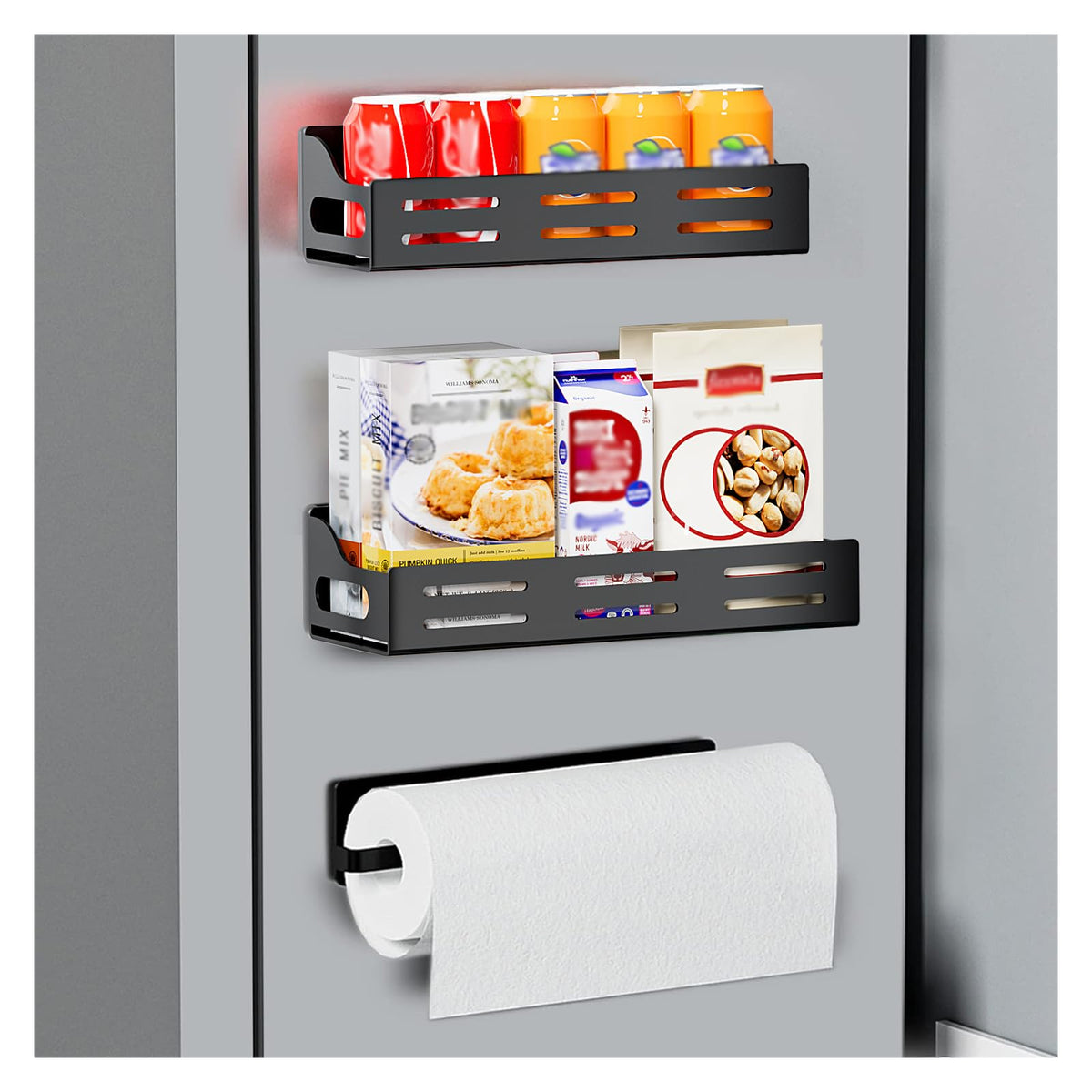 Carwiner magnetic spice rack on the fridge side keeps jars organized and within reach.