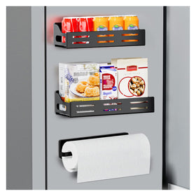 Carwiner magnetic spice rack on the fridge side keeps jars organized and within reach.