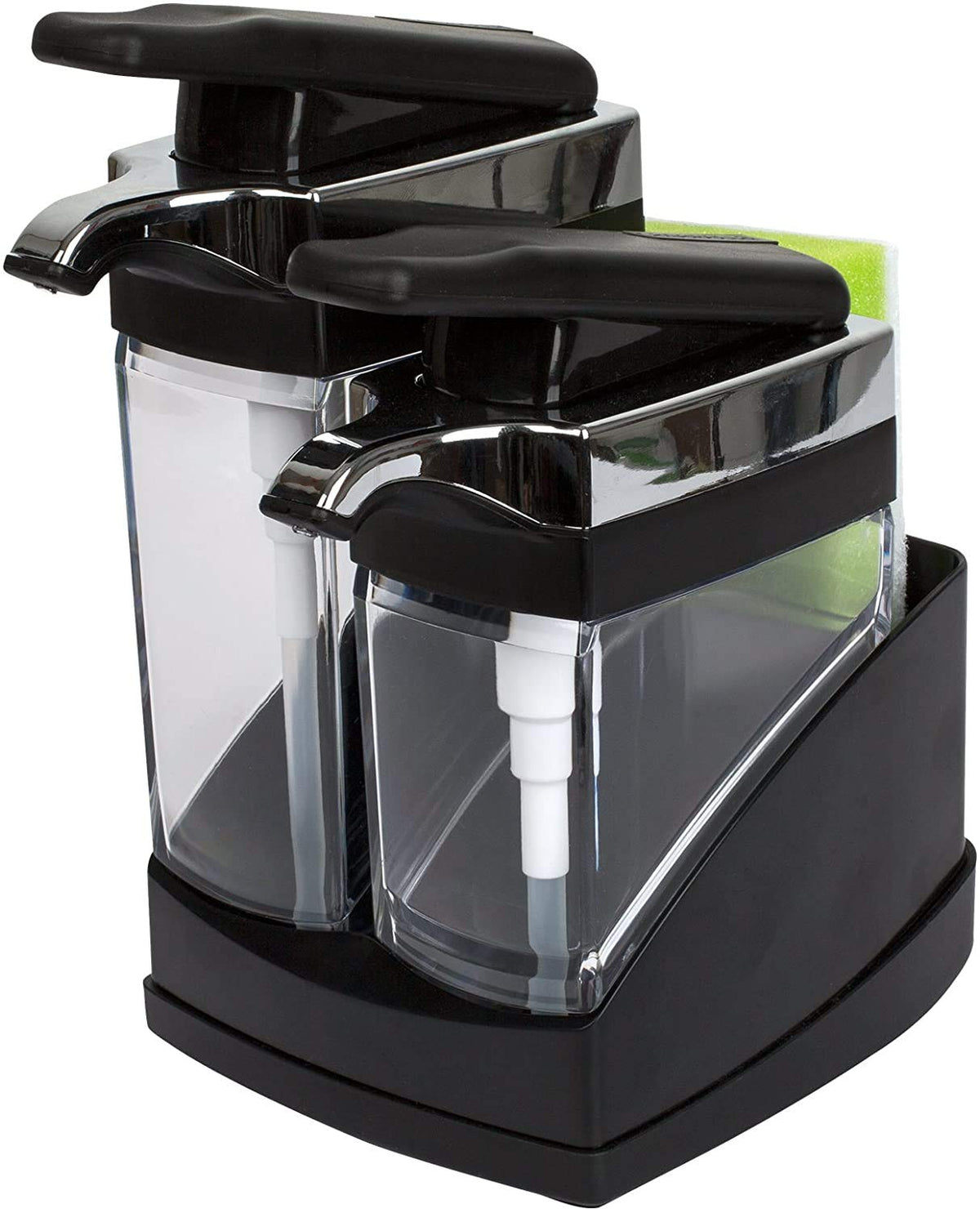 Casabella Sink Sider Duo with black chrome finish, dual dispensers for organized kitchen soap.