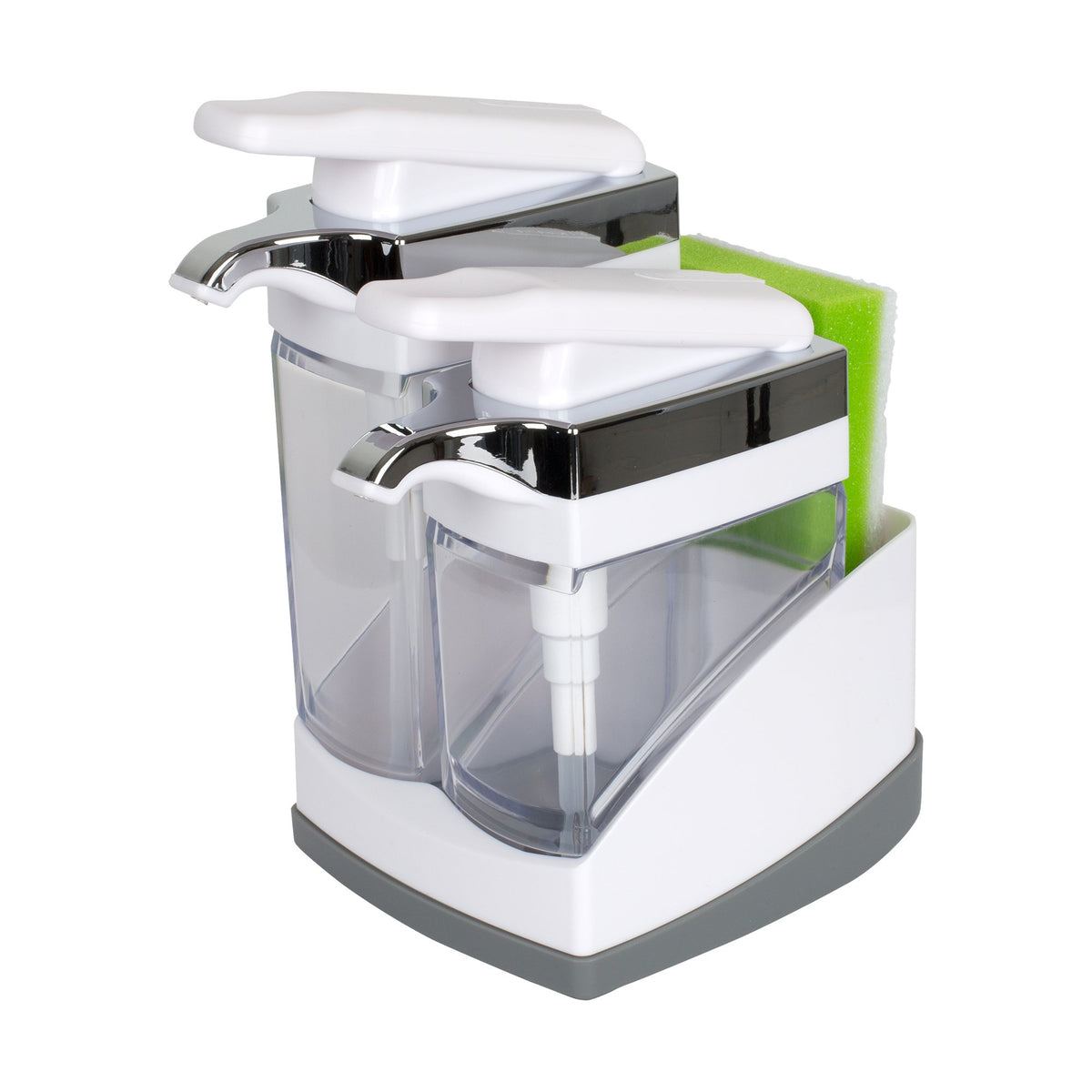 Casabella Sink Sider Duo with sponge pump in white chrome enables easy sink-side dispensing.