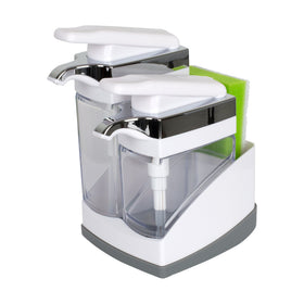 Casabella Sink Sider Duo with sponge pump in white chrome enables easy sink-side dispensing.