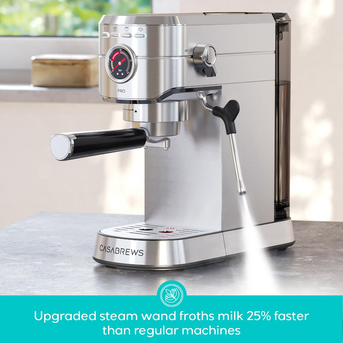 Casabrews 5418 PRO 20-bar pump delivering rich crema