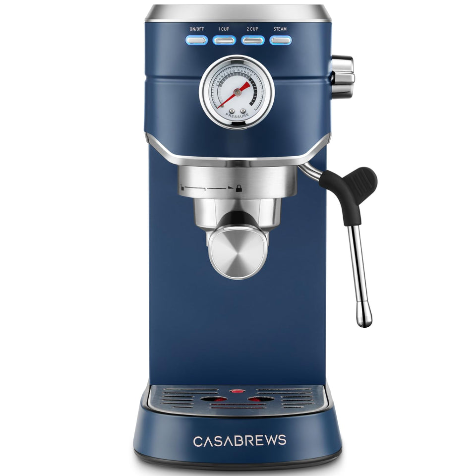 CASABREWS CM5418 espresso machine front view, compact stainless steel ideal for small kitchens.