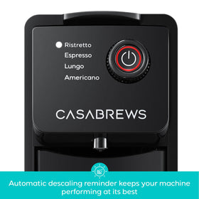 CASABREWS CM7036E capsule insertion delivers espresso with crema-ready extraction.