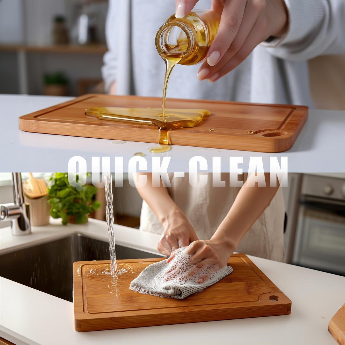 CASAFIT knife-friendly bamboo surface protects blades during chopping.