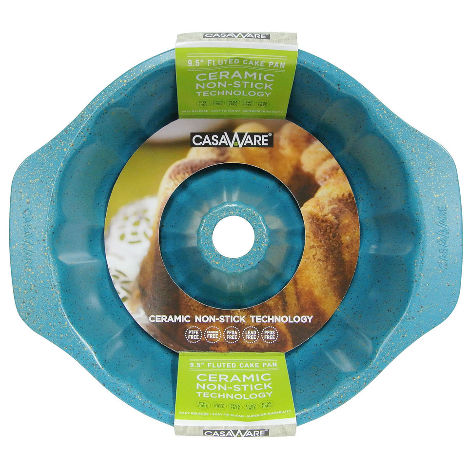 CasaWare fluted cake pan with blue granite exterior showing stylish finish and easy release