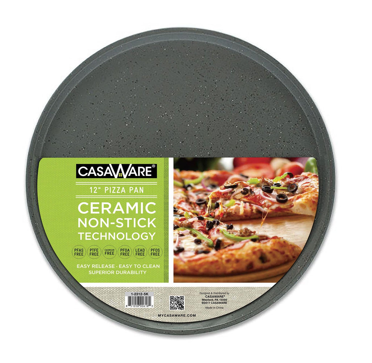 Casaware 12-inch pizza pan with silver granite coating for easy release while baking