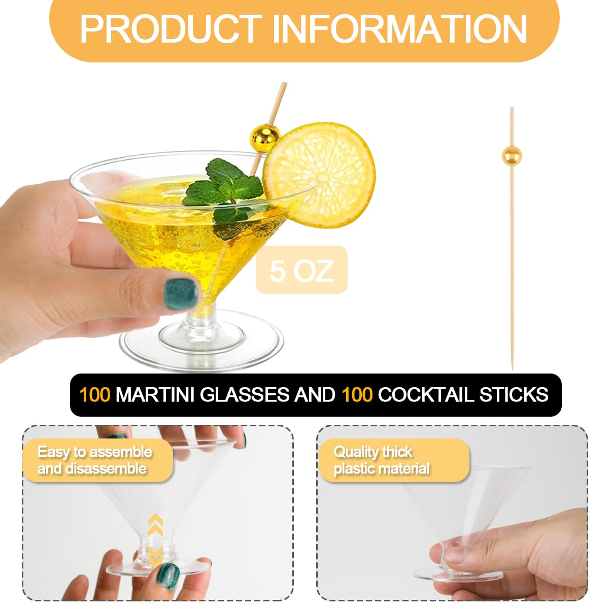 Cashger plastic martini glasses with detachable stem for easy setup