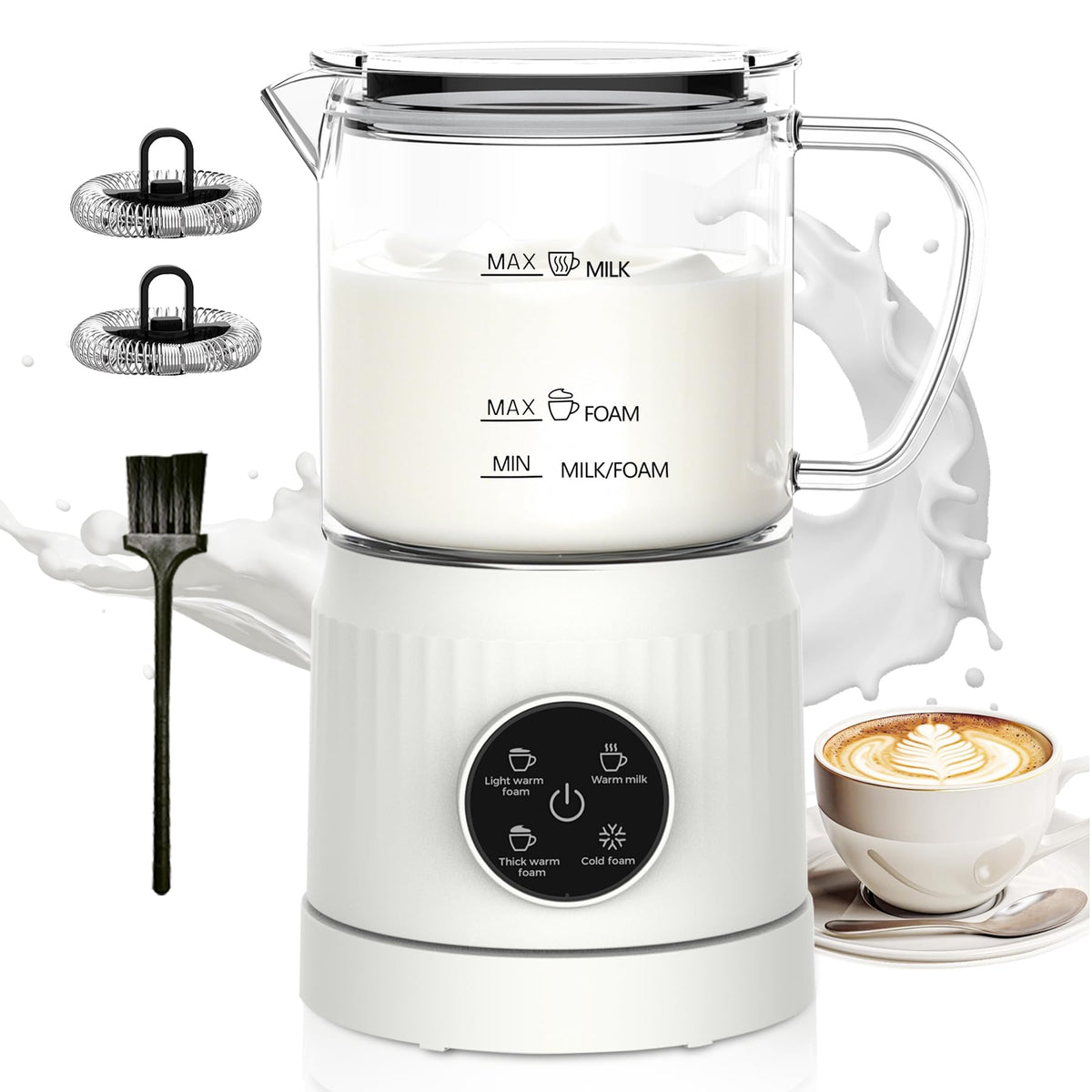 Casimhu 4-in-1 frother with LED screen for cafe-style foam at home.
