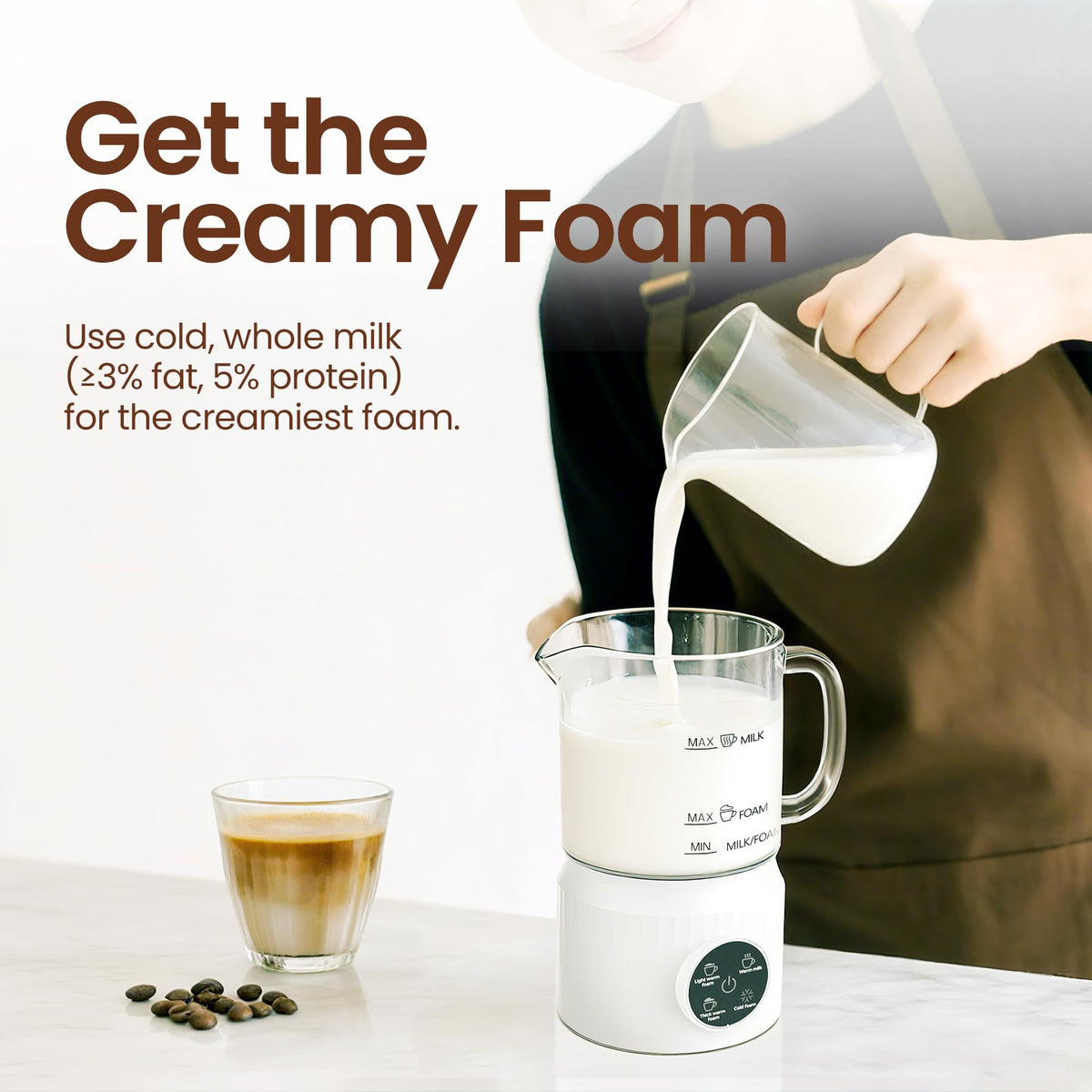 Casimhu 400 ml capacity heats milk for servings or froths smaller batches.