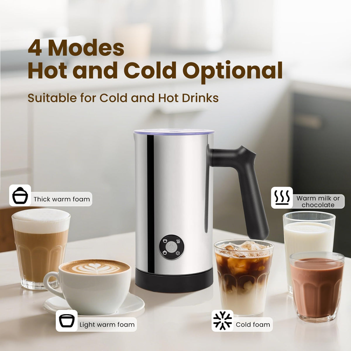 Casimhu Milk Frother cold foam mode for refreshing drinks.
