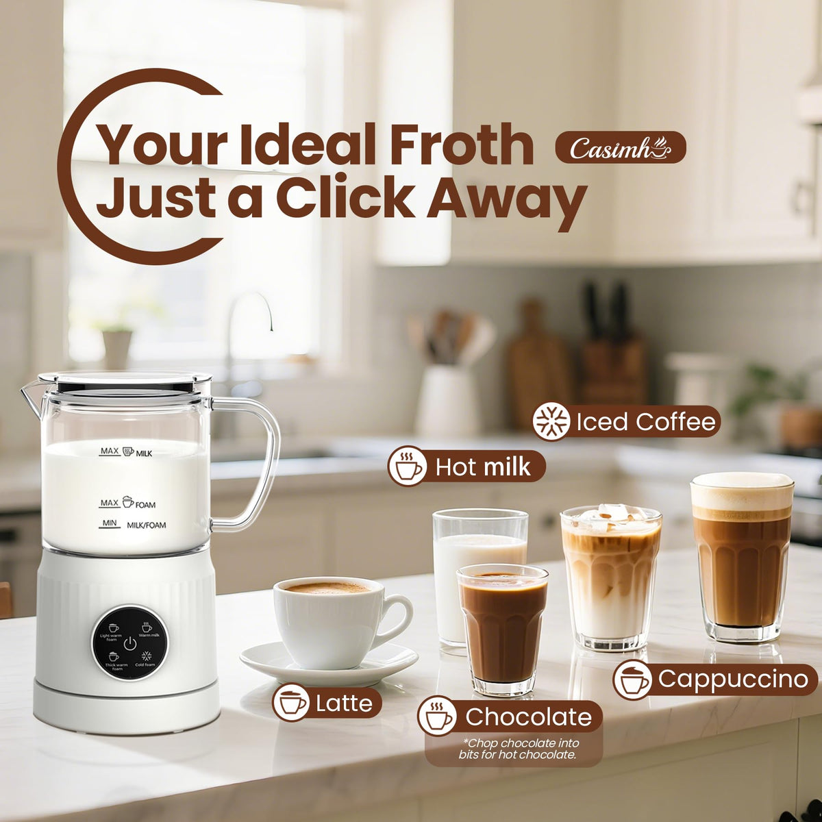 Casimhu frother's transparent glass lets you watch the foam form.