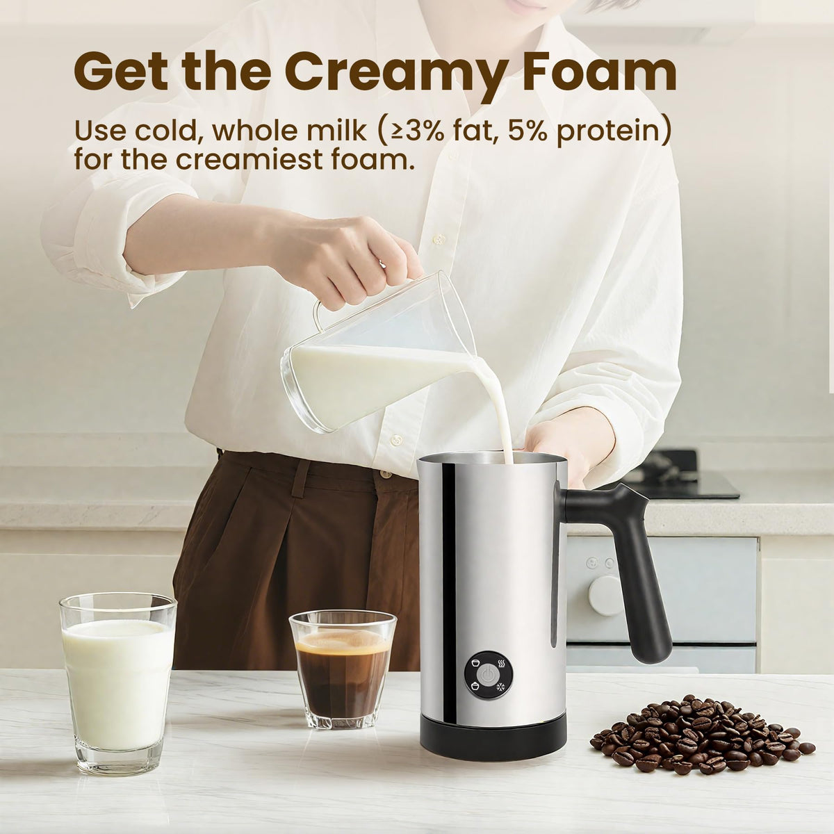 Casimhu Milk Frother warm milk setting for latte bases.