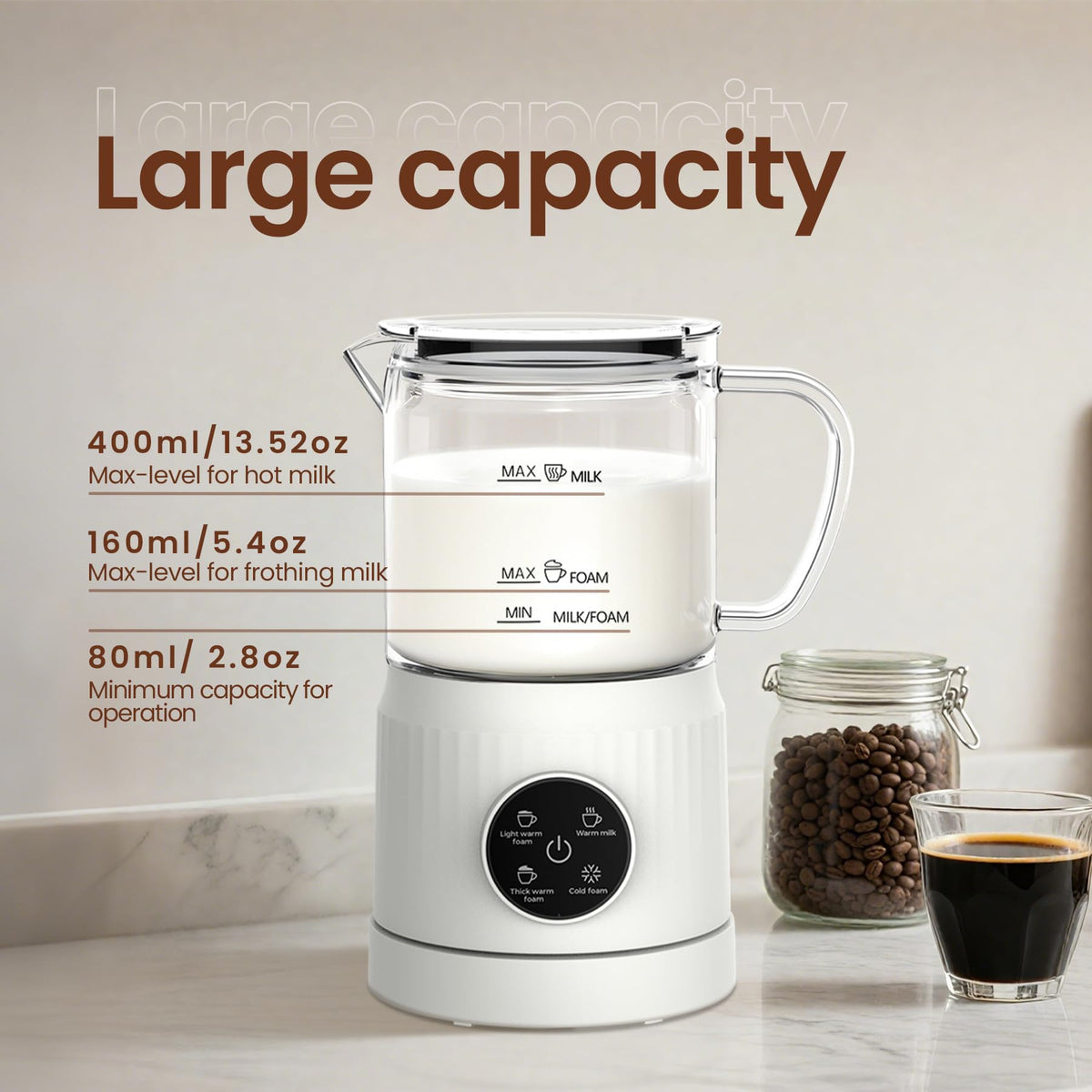 Casimhu wide-mouth design simplifies milk addition and cleaning.
