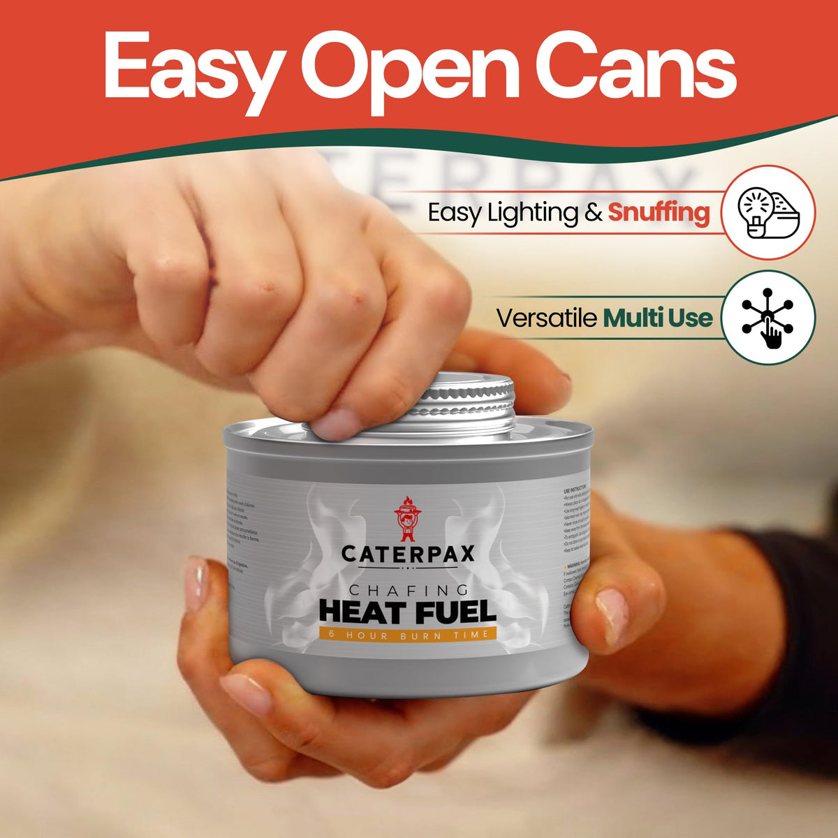 Caterpax chafing fuel with resealable lid for safe snuffing and relighting