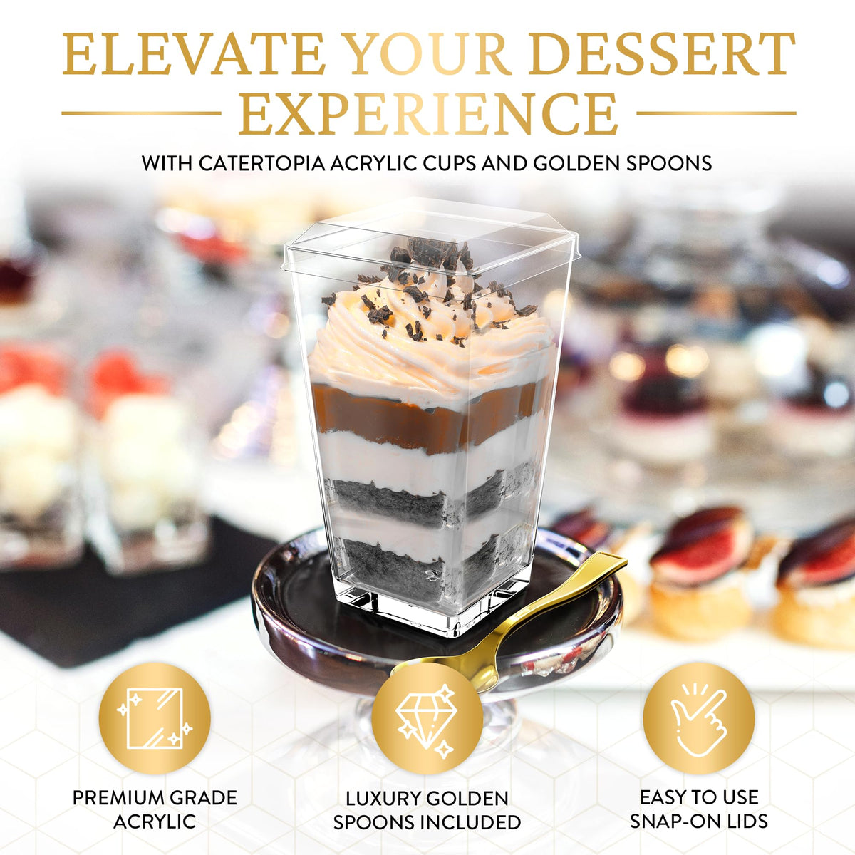 Catertopia durable acrylic cups offer reuse for future gatherings.