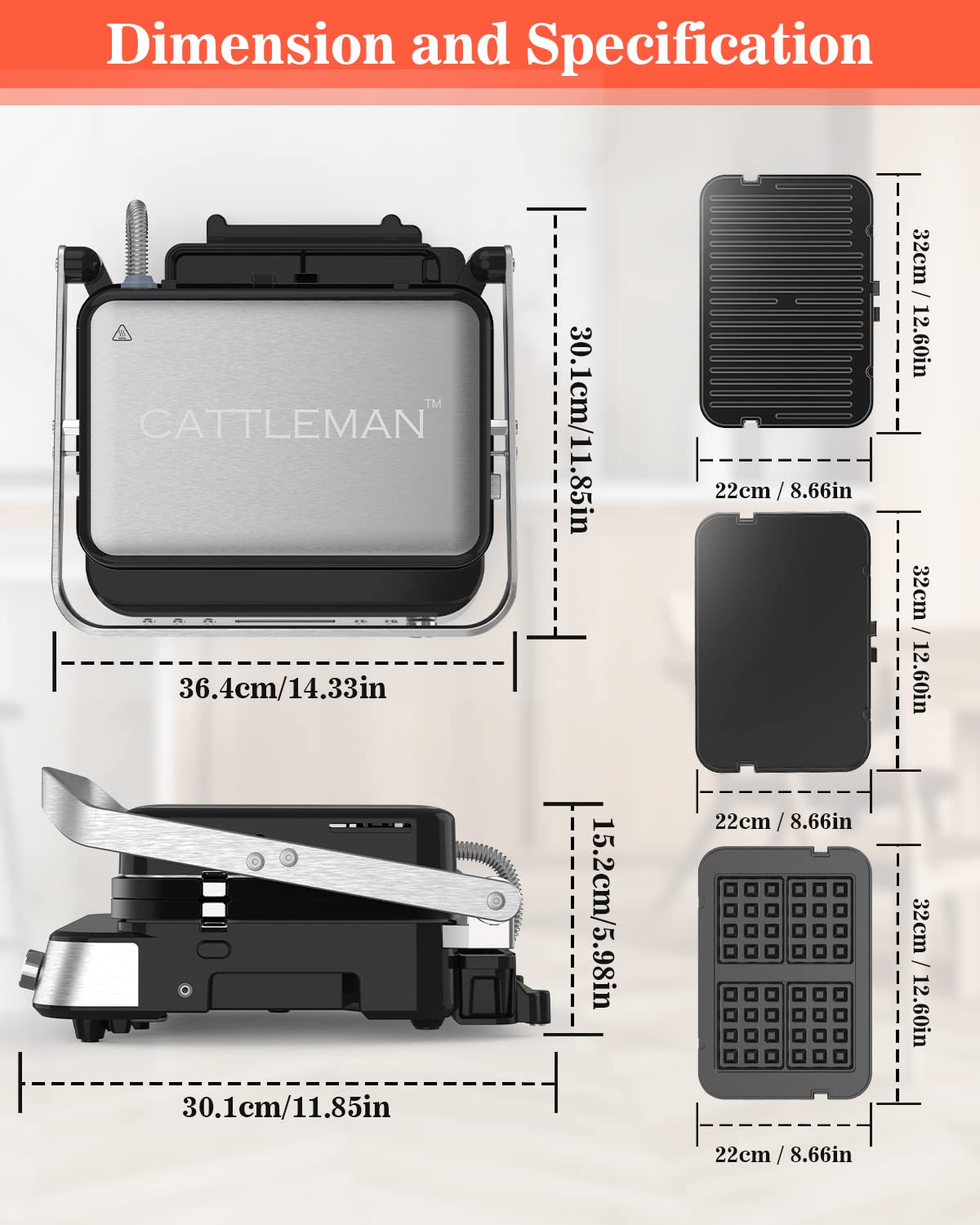 CATTLEMAN CUISINE indoor grill with meat thermometer for precise doneness alerts