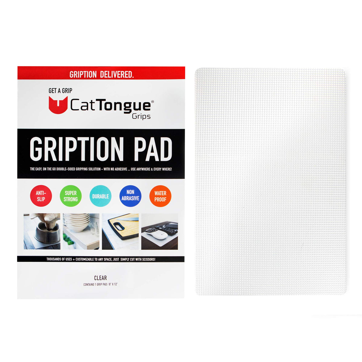 CatTongue Grips clear anti-slip pad on desk helps keep essentials steady without leaving residue.