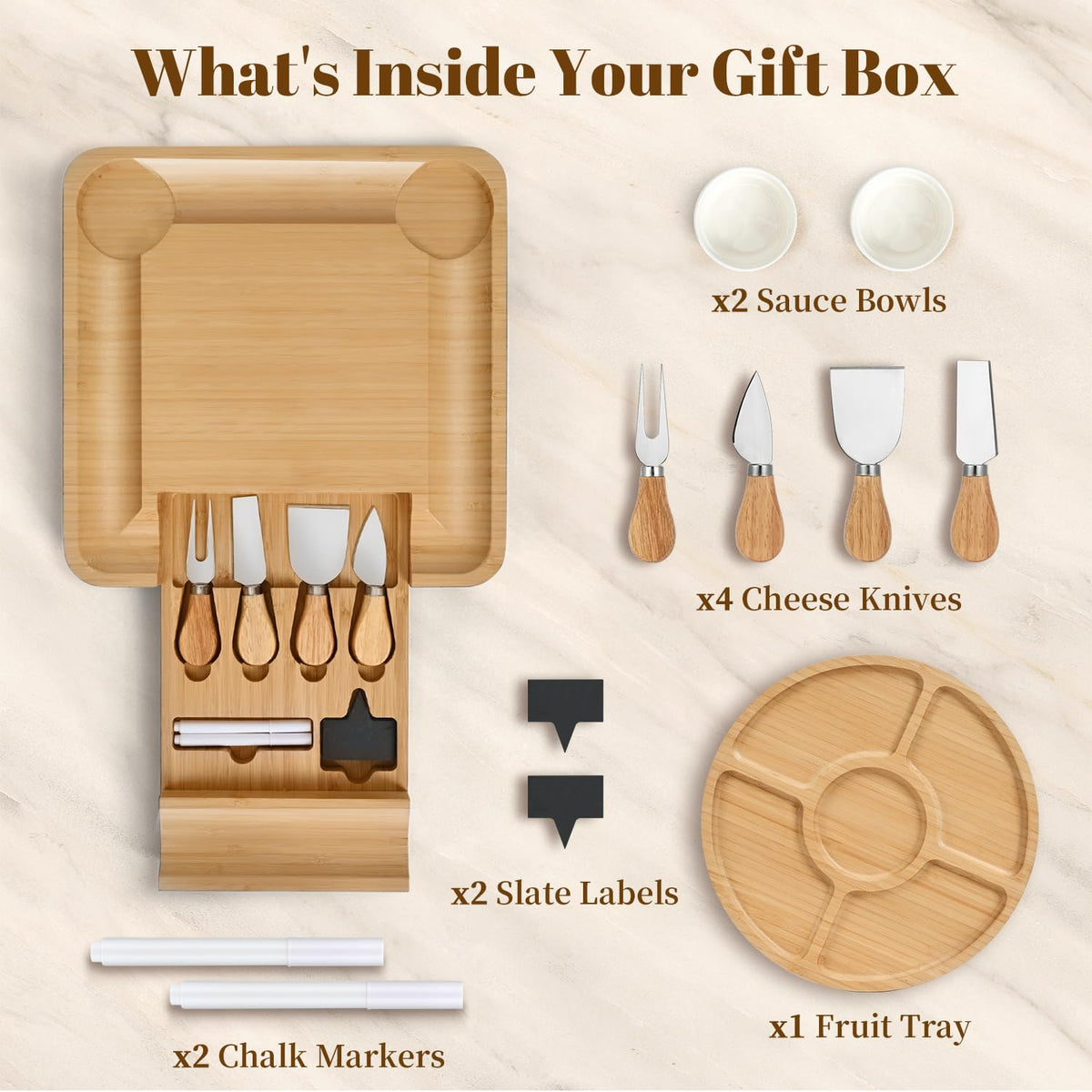 CAWIU bamboo cheese board with hidden drawer and knives supports easy entertaining.