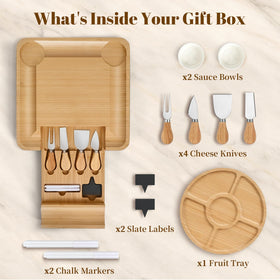 CAWIU bamboo cheese board with hidden drawer and knives supports easy entertaining.
